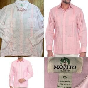 Mojito Men's 100% Linen $138 Guayabera Shirt Long Sleeve Pink sz 2X EUC